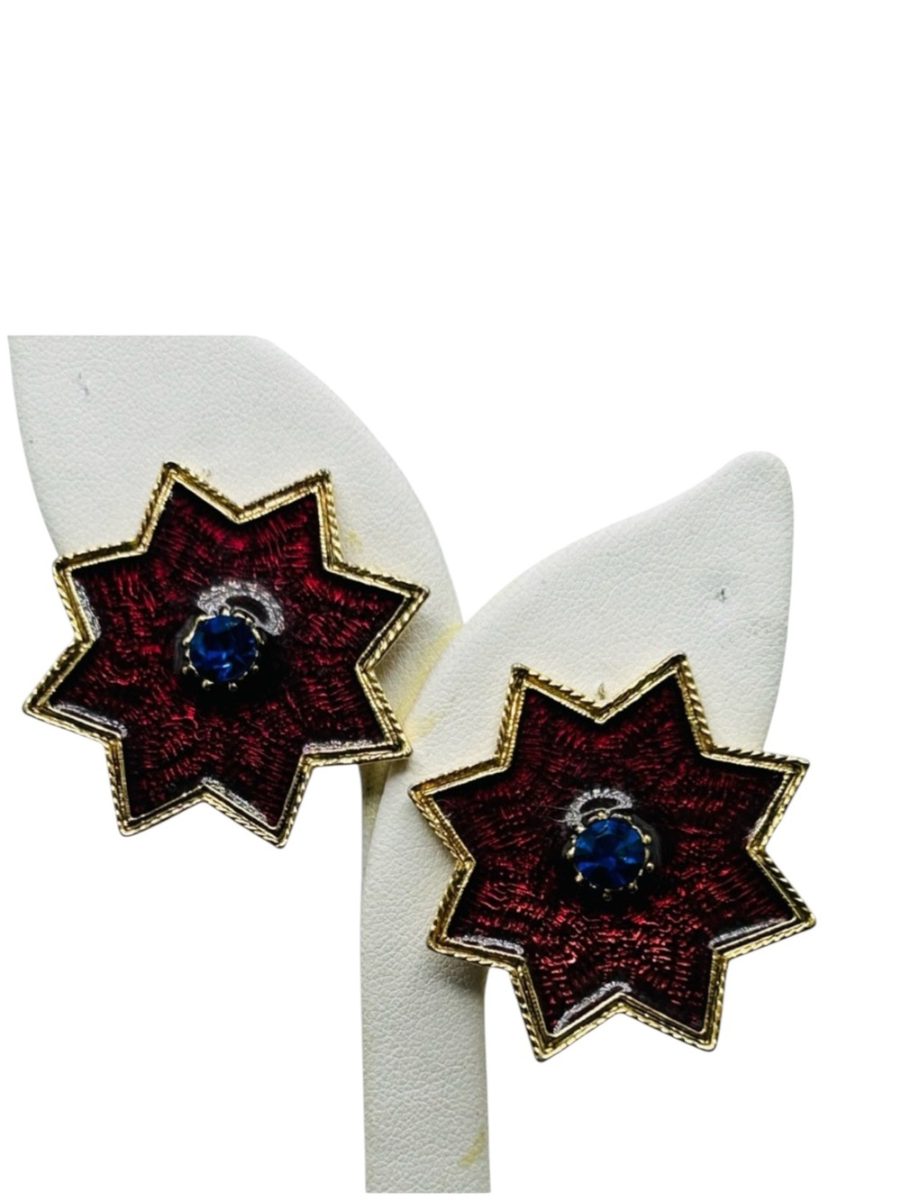 Vintage Blue Rhinestone Resin Enamel Eight Point Star Clip Earrings